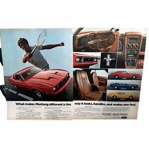 1972 1973 Ford Mustang Red Color Car 2 Page Original Print Ad vintage 70s